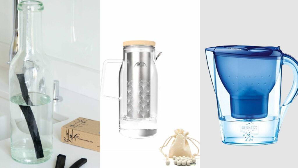 Montage présentant trois méthodes naturelles de filtration de l’eau : charbon actif, perles de céramique et carafe filtrante écologique.
