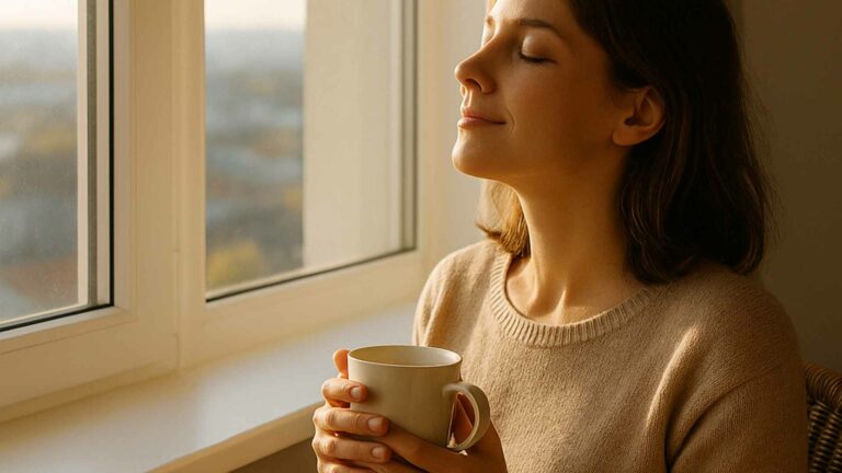 Personne profitant de la lumière du jour le matin, assise près d’une fenêtre avec une tasse de café.