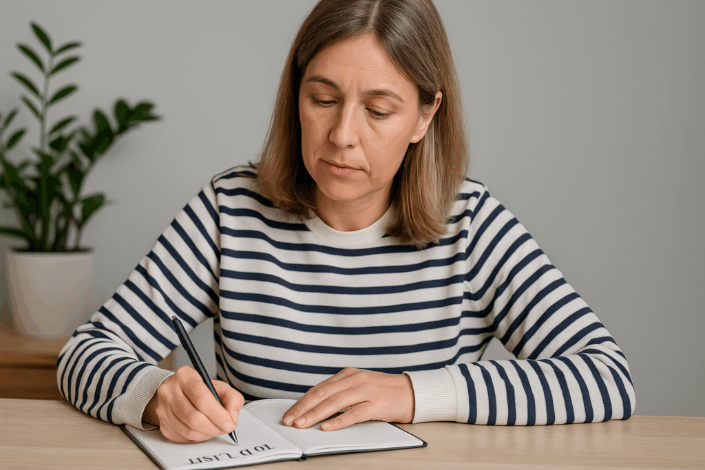 femme en pull rayé en train de rédiger une to-do list pour alléger sa charge mentale