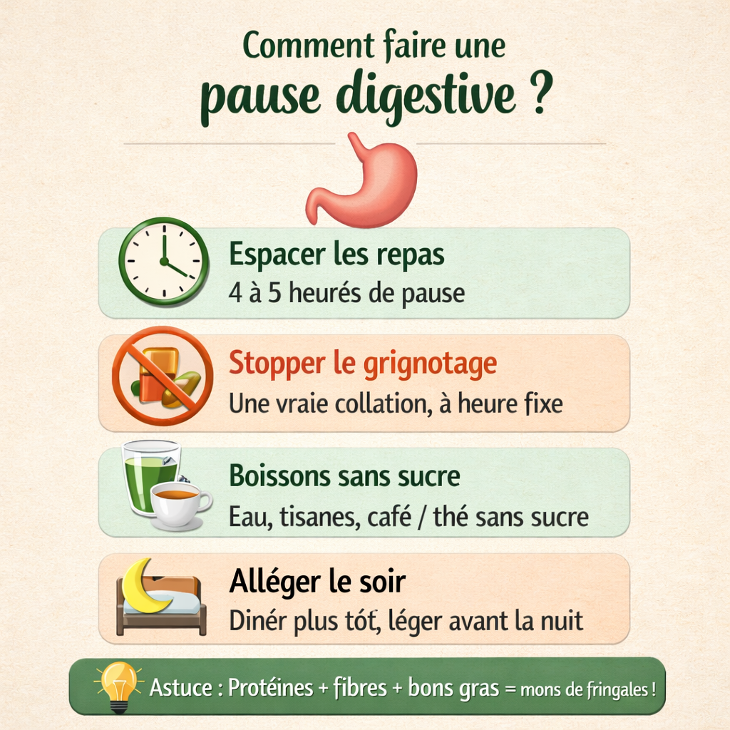 Infographie pause digestive : espacer les repas de 4 à 5 heures, arrêter le grignotage, boissons sans sucre, dîner plus tôt