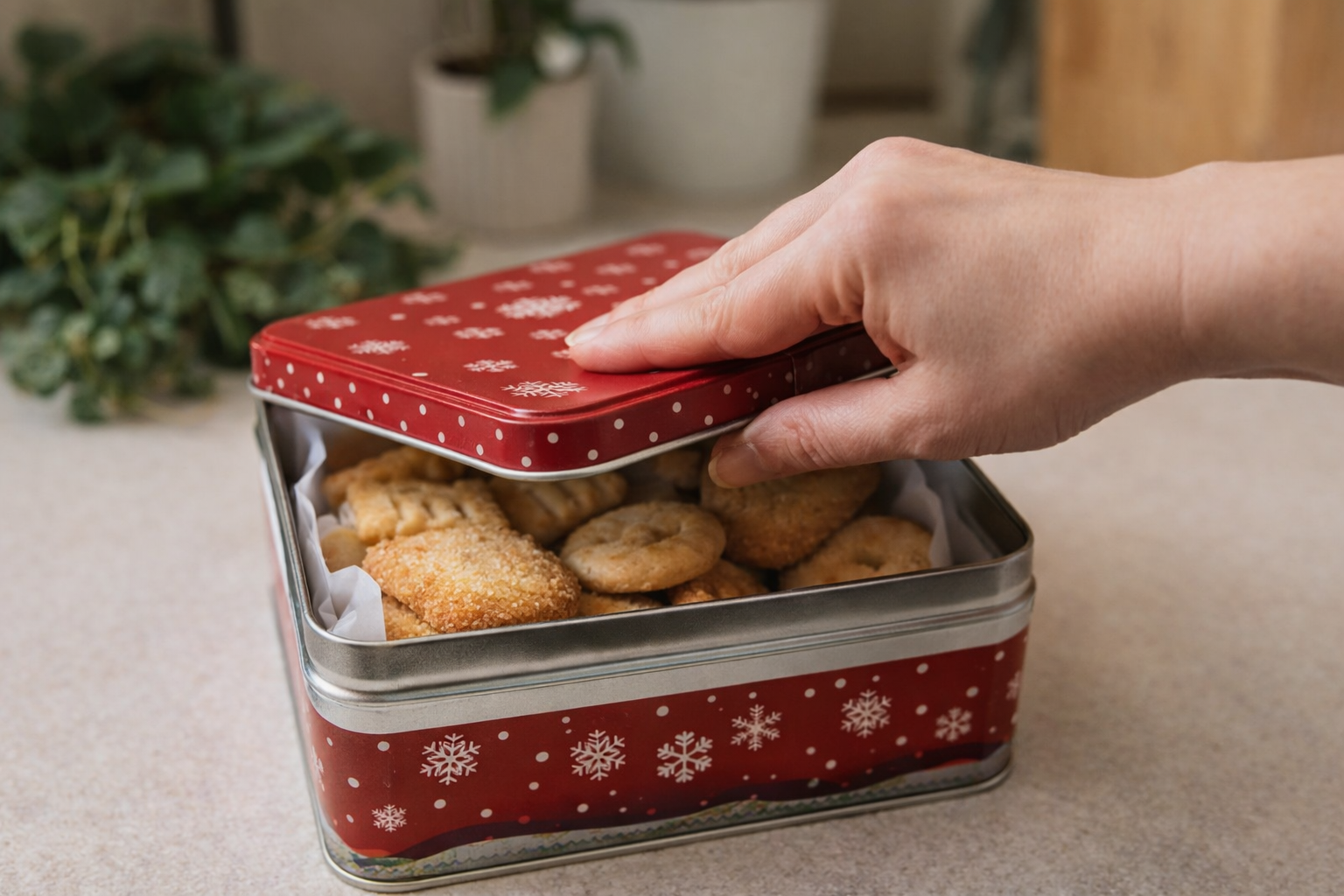 Main qui ferme une boîte à biscuits pour éviter le grignotage et respecter une pause digestive entre les repas