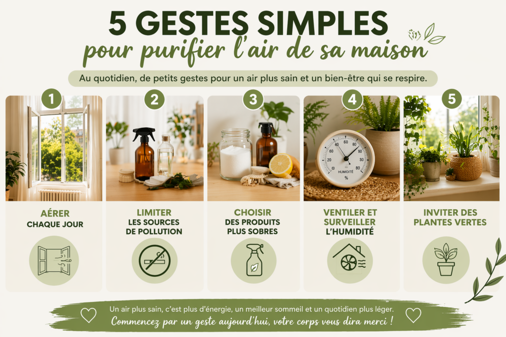 Infographie sur 5 gestes simples pour purifier l’air de sa maison