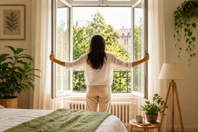 Femme qui ouvre les fenêtres pour purifier l’air de sa maison