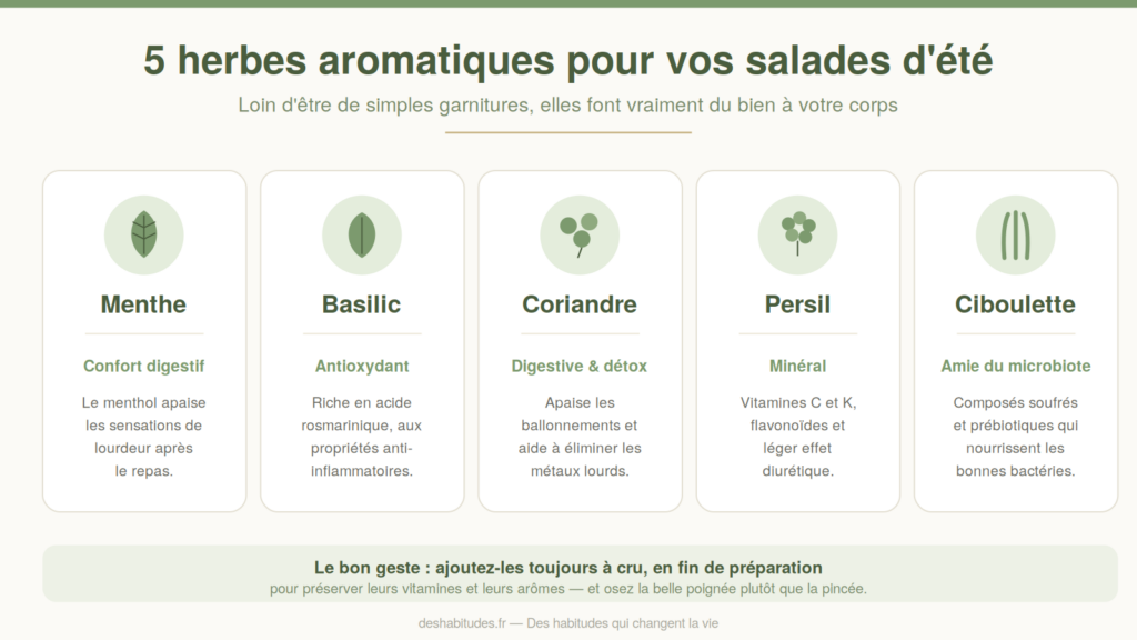 Infographie des 5 herbes aromatiques pour salades et leurs bienfaits santé