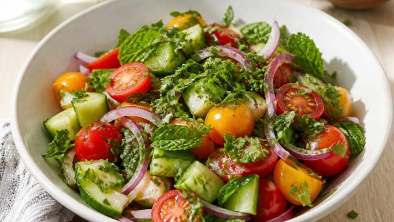 Salade d'été garnie d'herbes aromatiques fraîches : persil, menthe, basilic et ciboulette