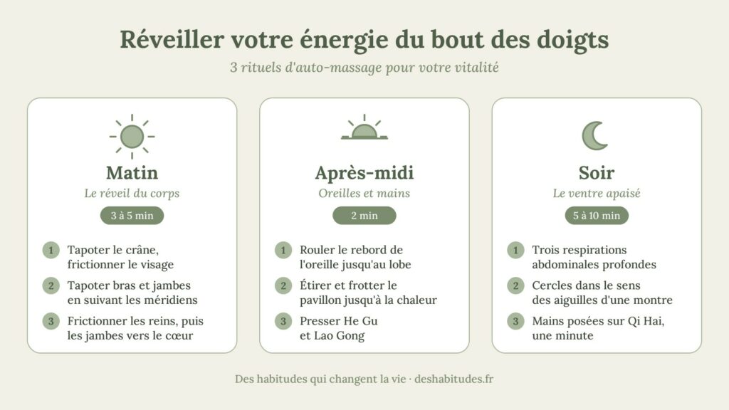 Infographie de 3 rituels d’auto-massage pour la vitalité : réveil du corps le matin, oreilles et mains l’après-midi, massage du ventre le soir